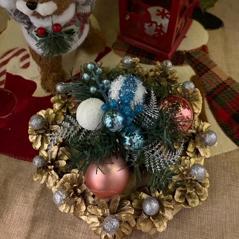 Gold Pinecone Christmas Centerpiece Pink & Blue Ornament Holiday Table Decor